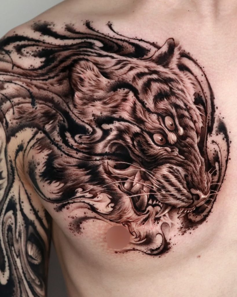 meaningful and amazing tattoo of surreal tiger by IMPASTO
