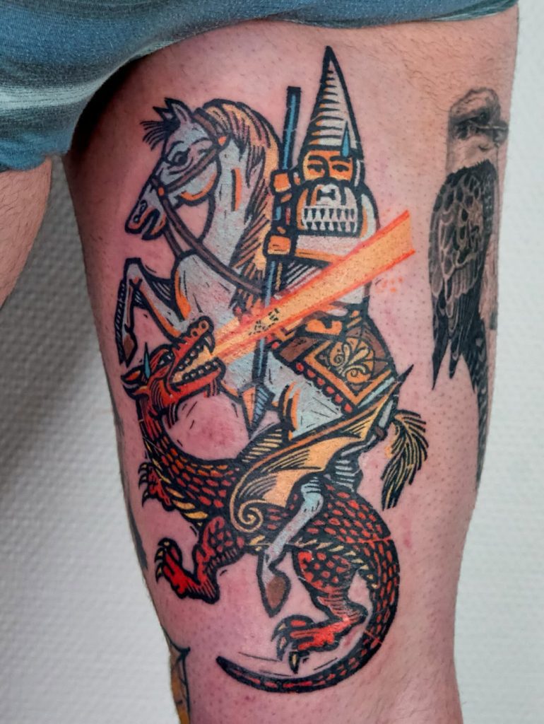 medieval scene tattoo super cool illustrative piece by koblin