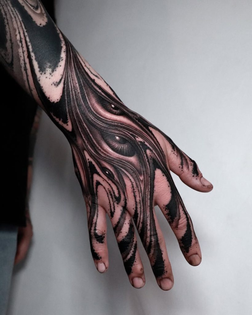 trippy hand tattoo with eyes and surrealism insane tattoo by IMPASTO