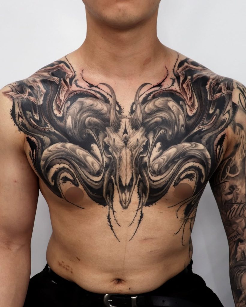 cool chest tattoo or horned skull in sigilism waves and surreal lines insane tattoo by IMPASTO