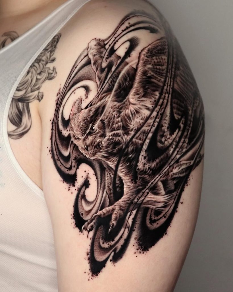 incredible owl tattoo in modern black & grey style