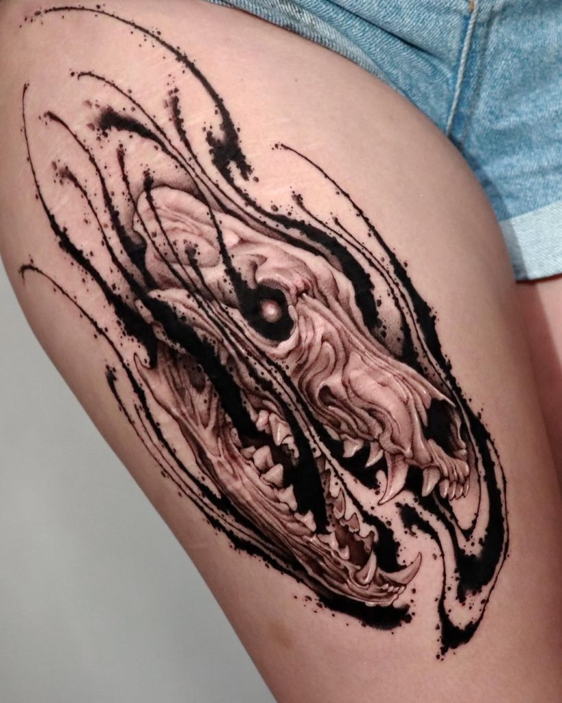 manly tattoo of skull breaking through the cosmos black ink all around by impasto