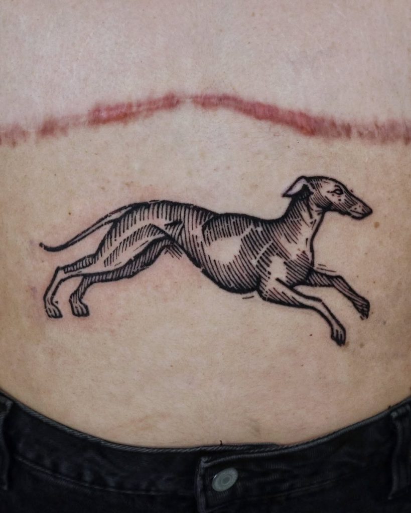 woodprint block tattoo of racing horse by koblin