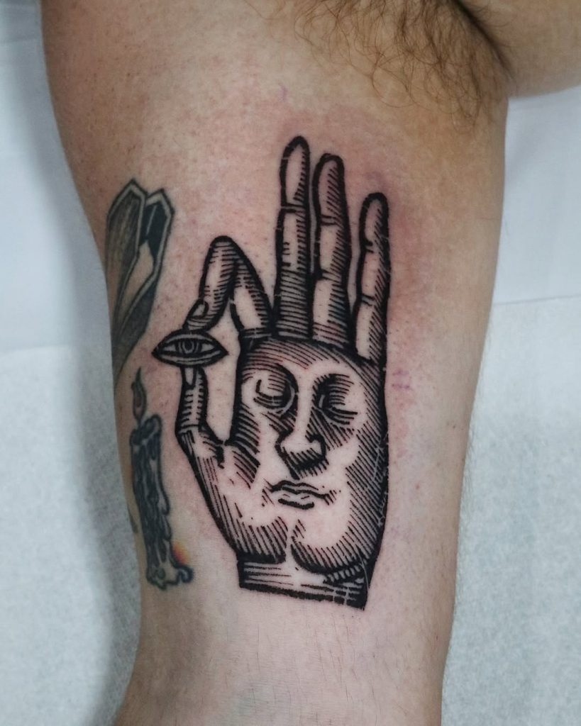 medieval woodcut tattoo fo hand by koblin
