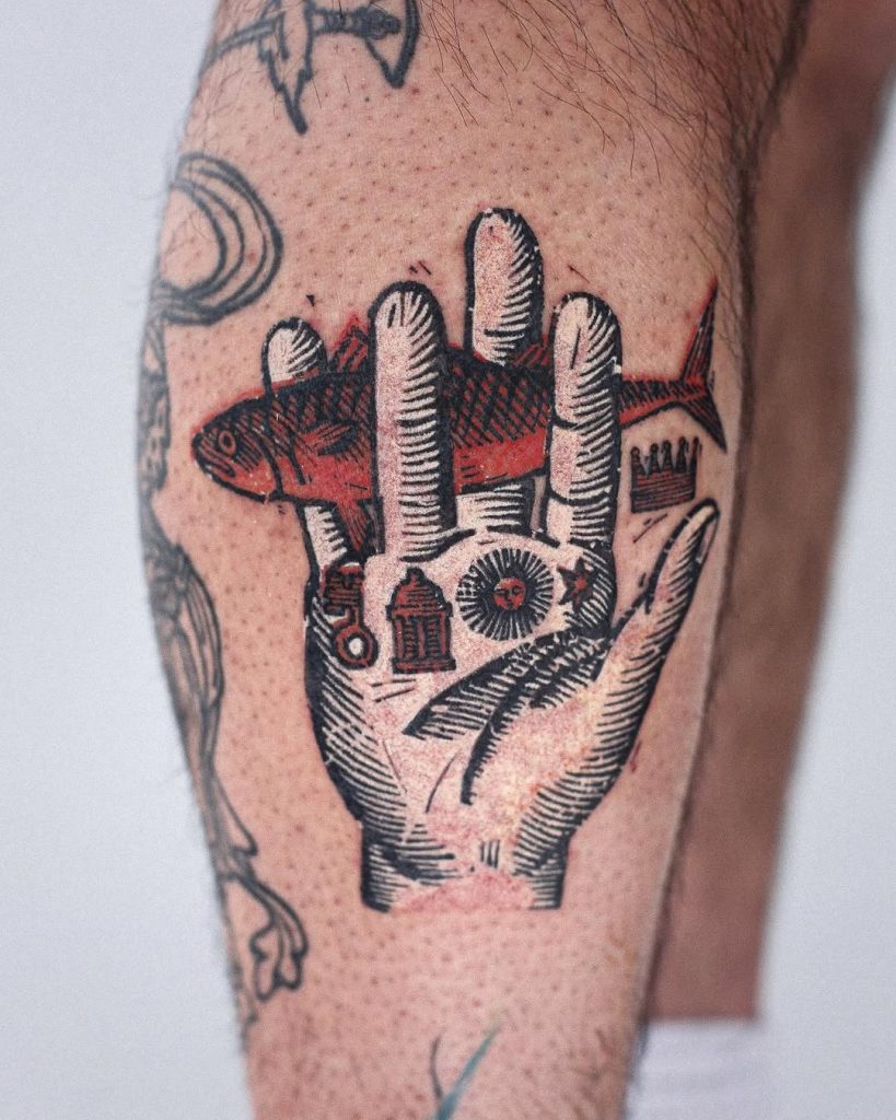 hand tattoo koblin in etching style