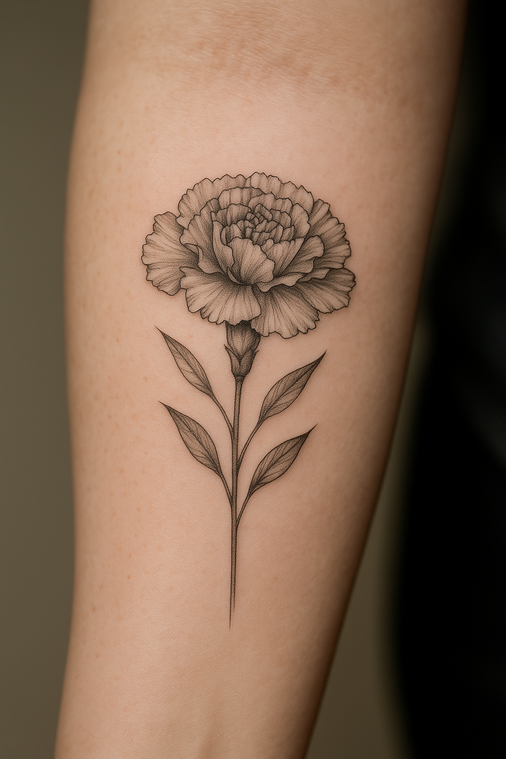 Carnation birth flower tattoo in fine line style on inner forearm