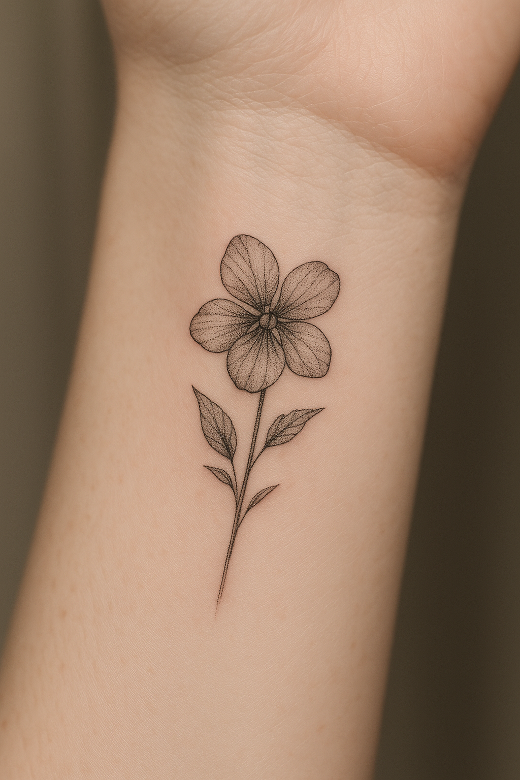 Violet birth flower tattoo in fine line style on wrist