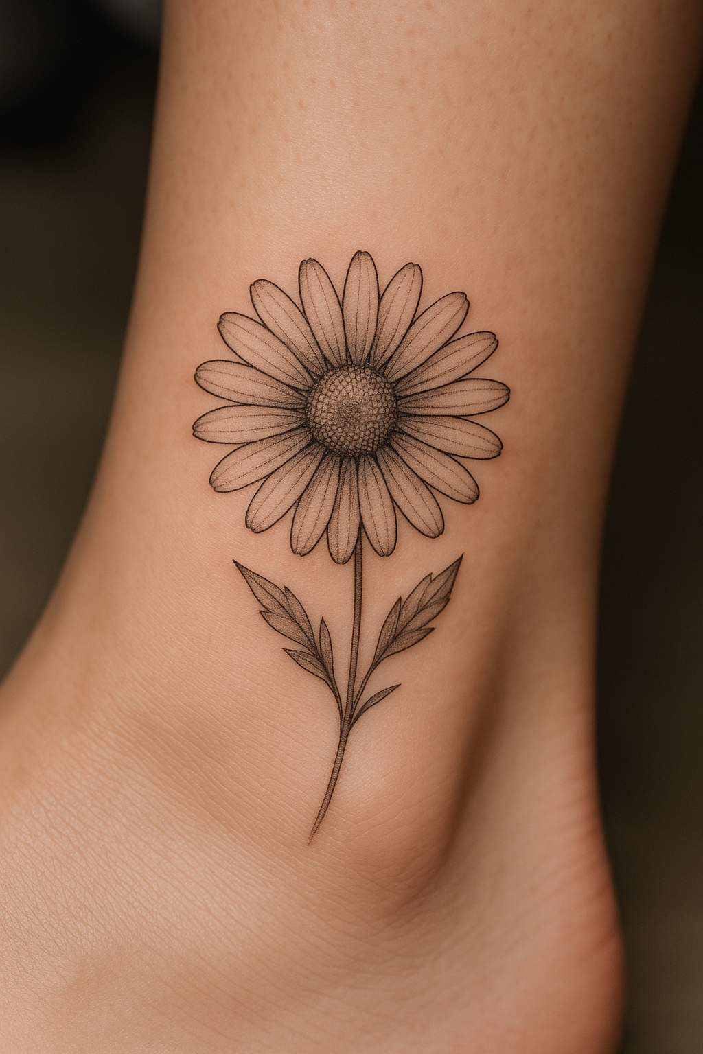 Daisy birth flower tattoo in fine line style on ankle