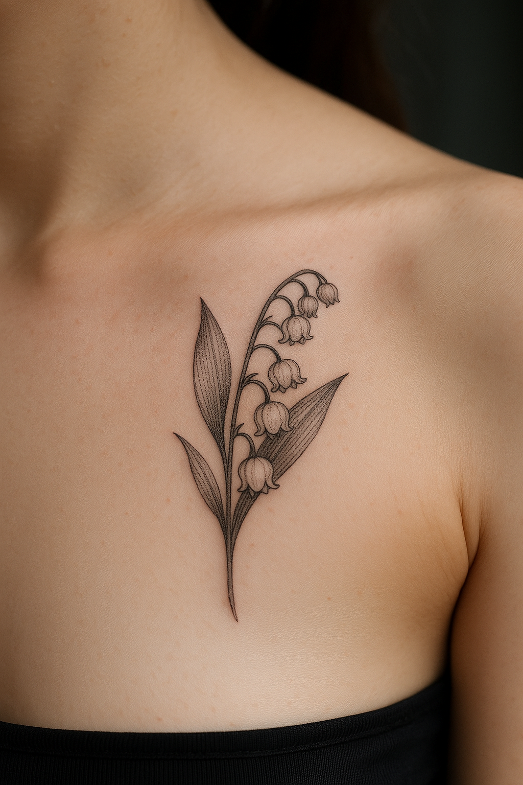 Lily of the valley birth flower tattoo in fine line style on collarbone