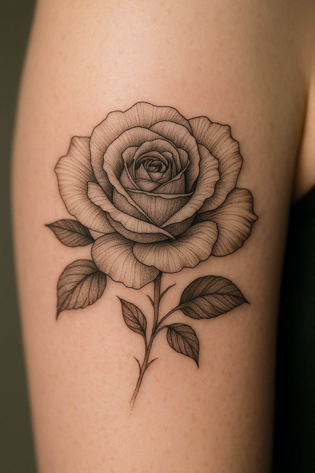 Rose birth flower tattoo in fine line style on upper arm