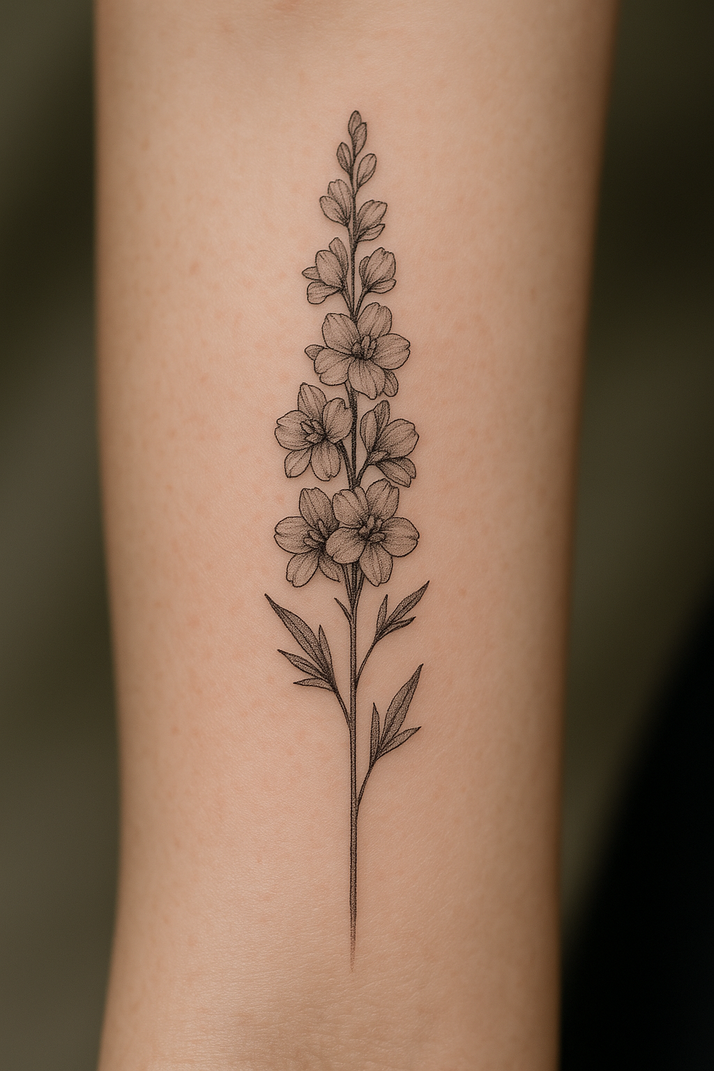 Larkspur birth flower tattoo in fine line style on forearm