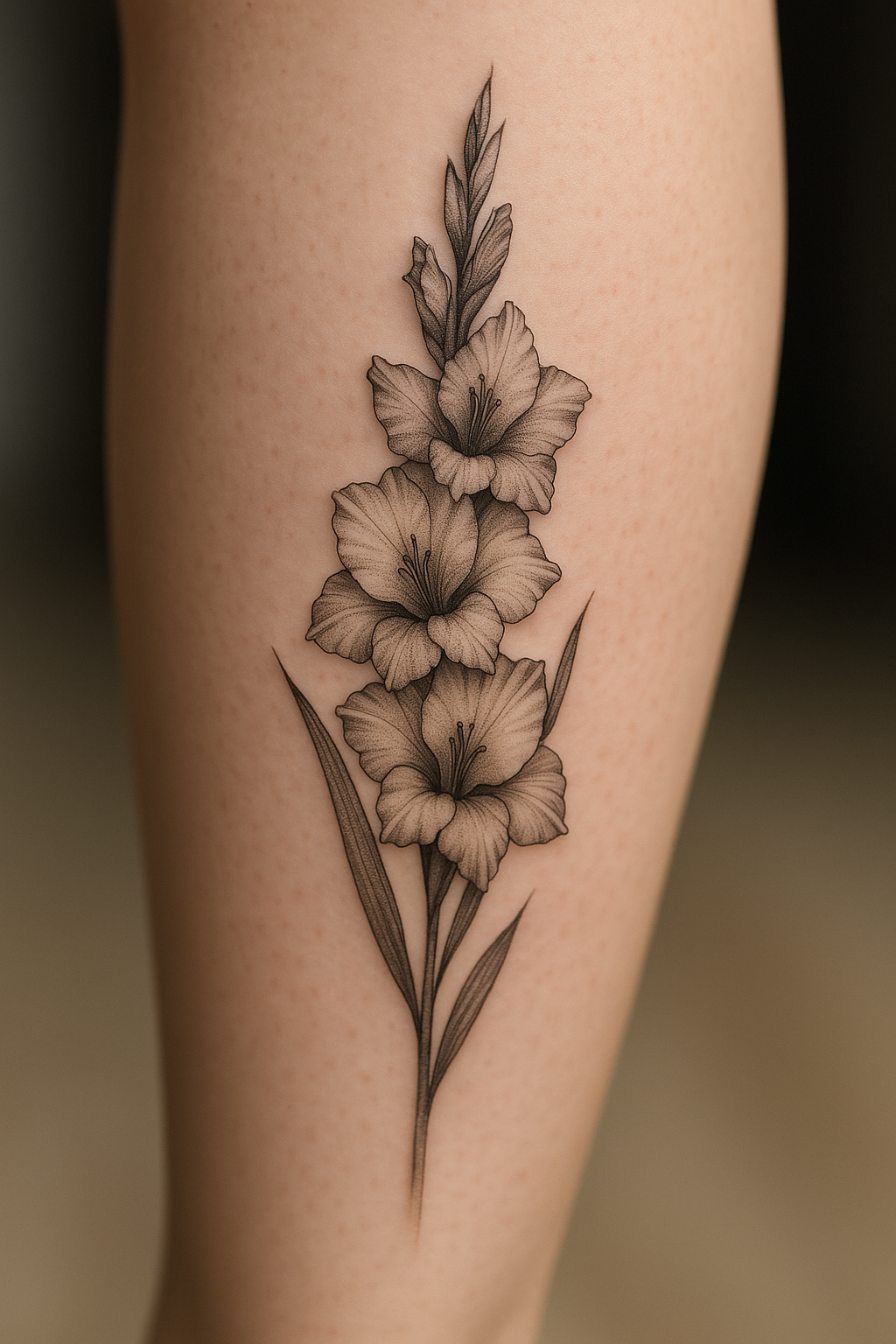Gladiolus birth flower tattoo in fine line style on calf