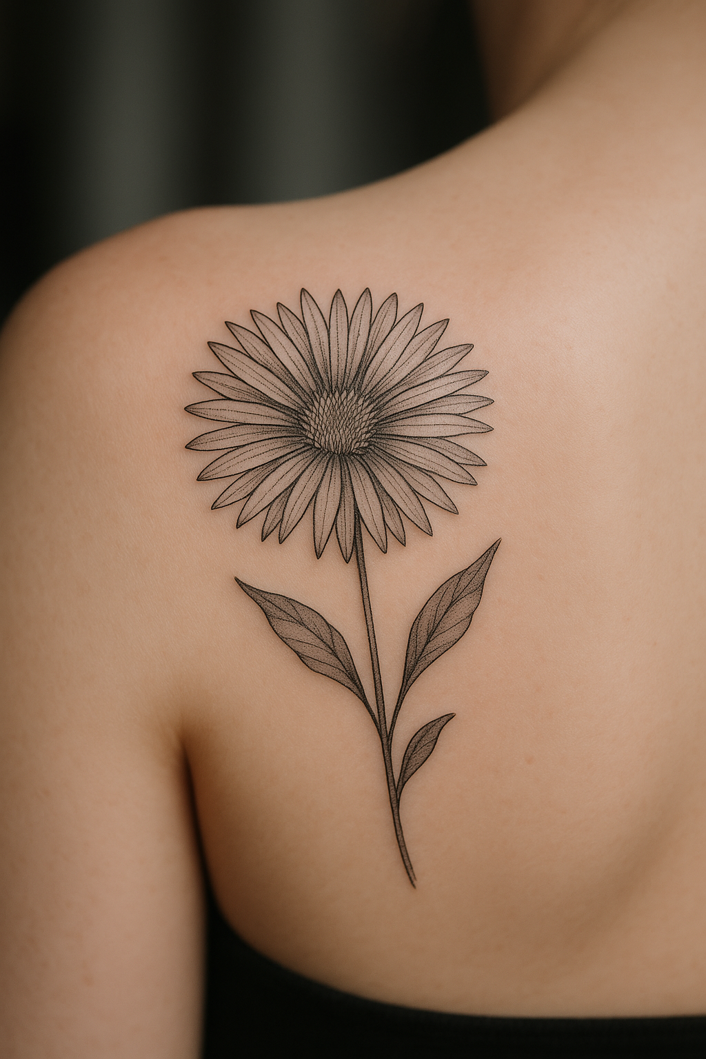 Aster birth flower tattoo in fine line style on shoulder blade