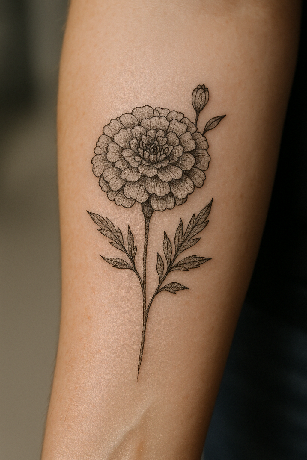 Marigold birth flower tattoo in fine line style on forearm