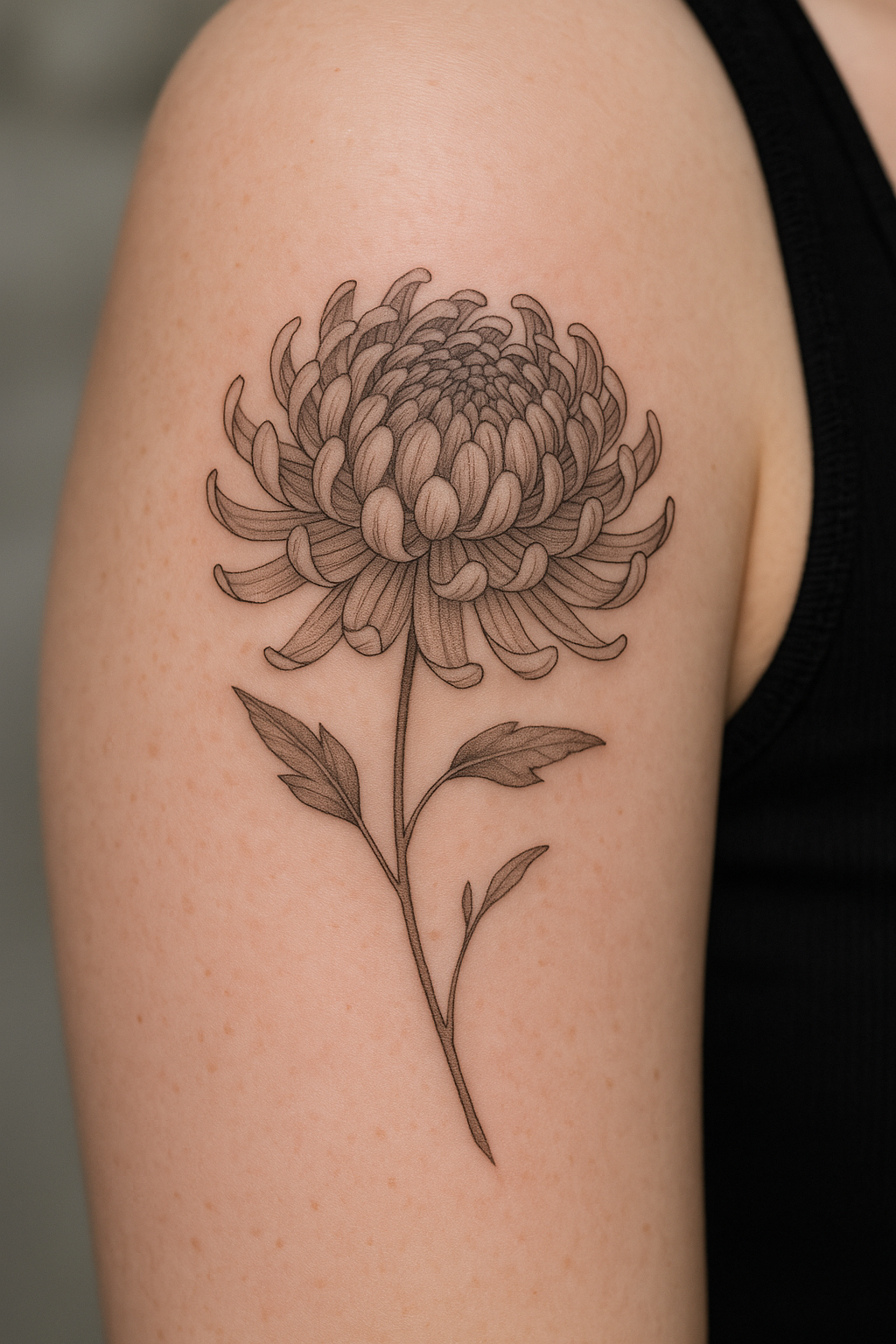 Chrysanthemum birth flower tattoo in fine line style on upper arm