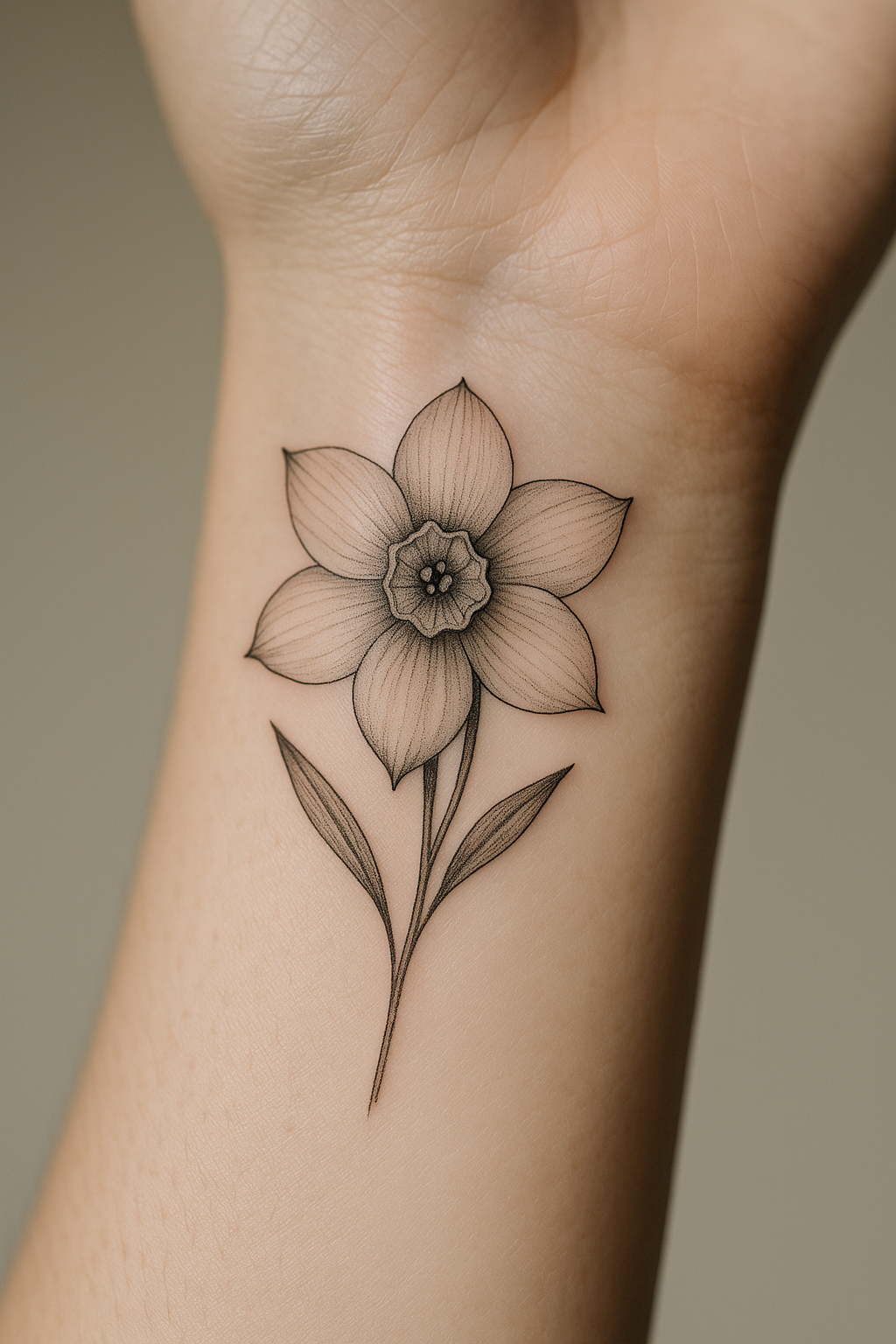 Narcissus birth flower tattoo in fine line style on wrist