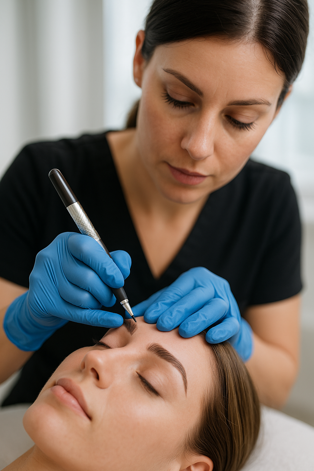 A cosmetic tattoo artist performing eyebrow microblading in a licensed studio while wearing blue nitrile gloves
