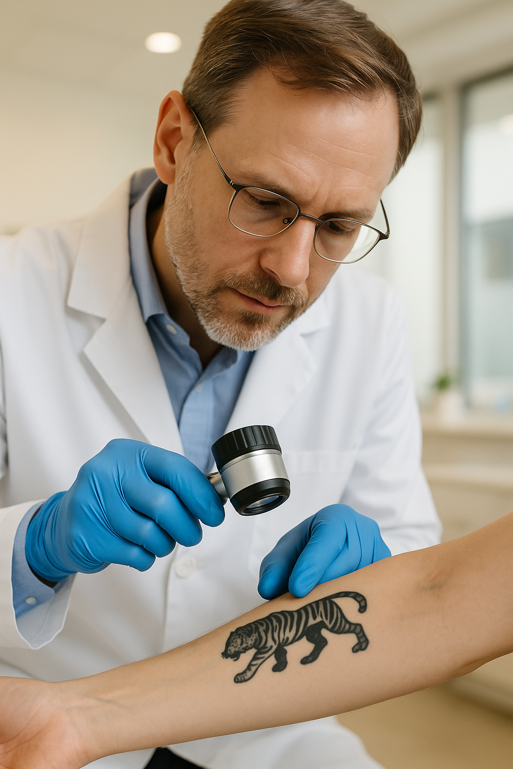 Dermatologist in white coat and blue gloves using a dermatoscope to examine a tattoo on a patients forearm for signs of infection