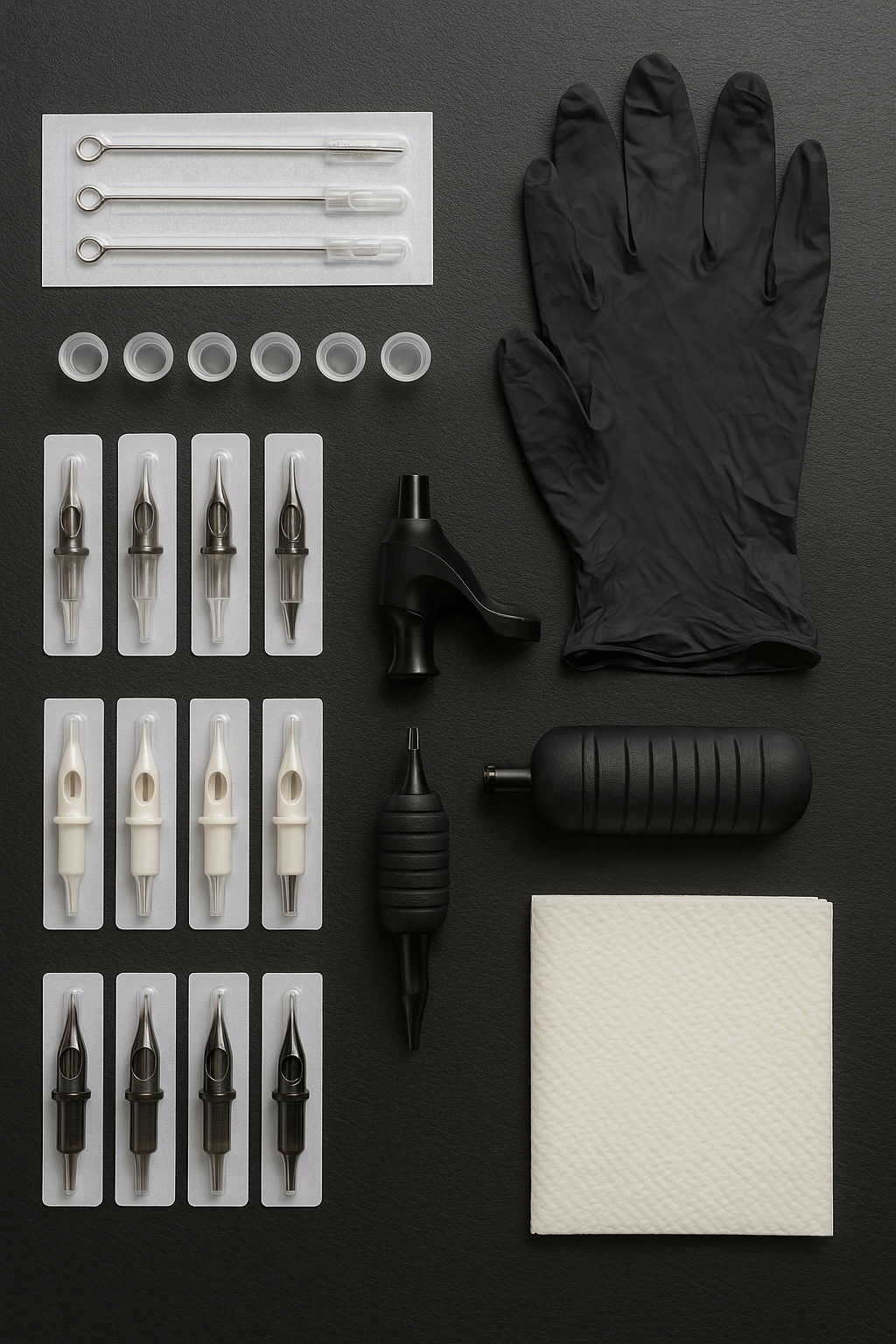 A professional tattoo workstation with single-use supplies including sterile needles ink caps gloves and a rotary tattoo machine