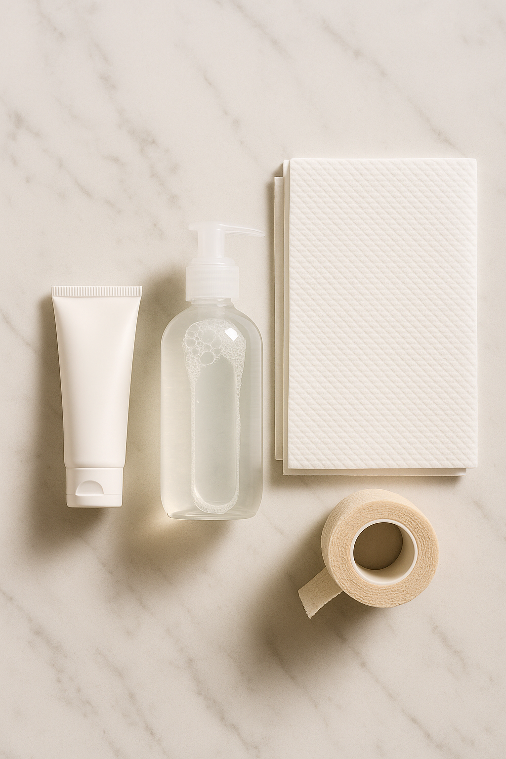Tattoo aftercare essentials flat lay including fragrance-free moisturizer, gentle soap, clean paper towels, and medical tape on a marble surface