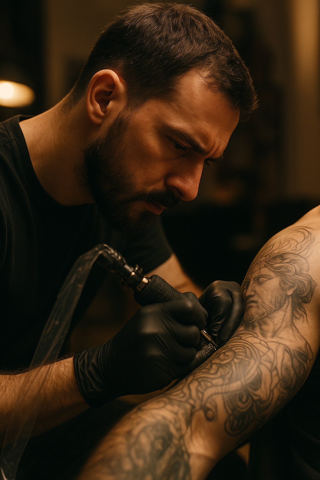 A tattoo artist hunched forward in deep concentration while working on a large tattoo piece showing the physical demands of the profession