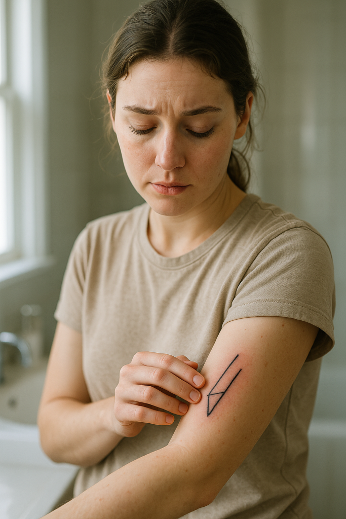 Woman examining a fresh tattoo on her forearm with a concerned expression during the healing process