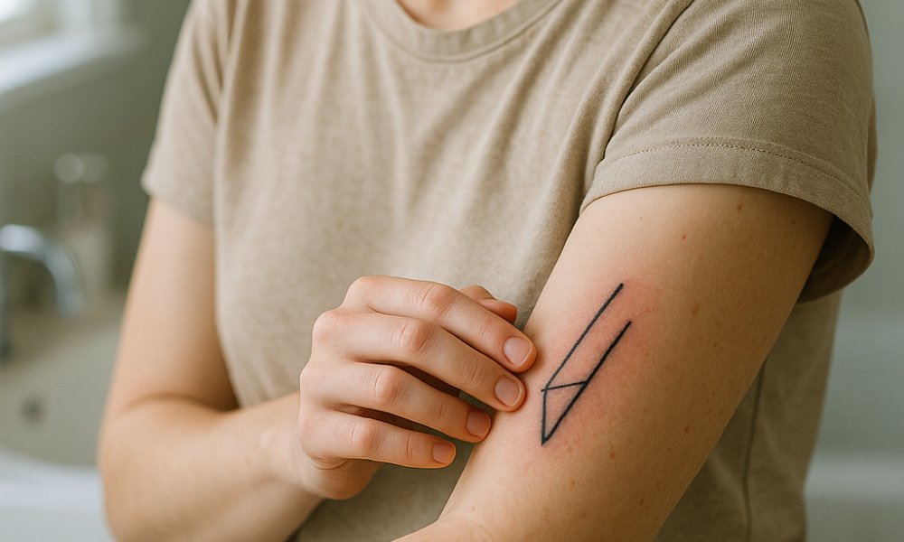 Woman examining a fresh tattoo on her forearm with a concerned expression during the healing process