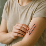 Woman examining a fresh tattoo on her forearm with a concerned expression during the healing process