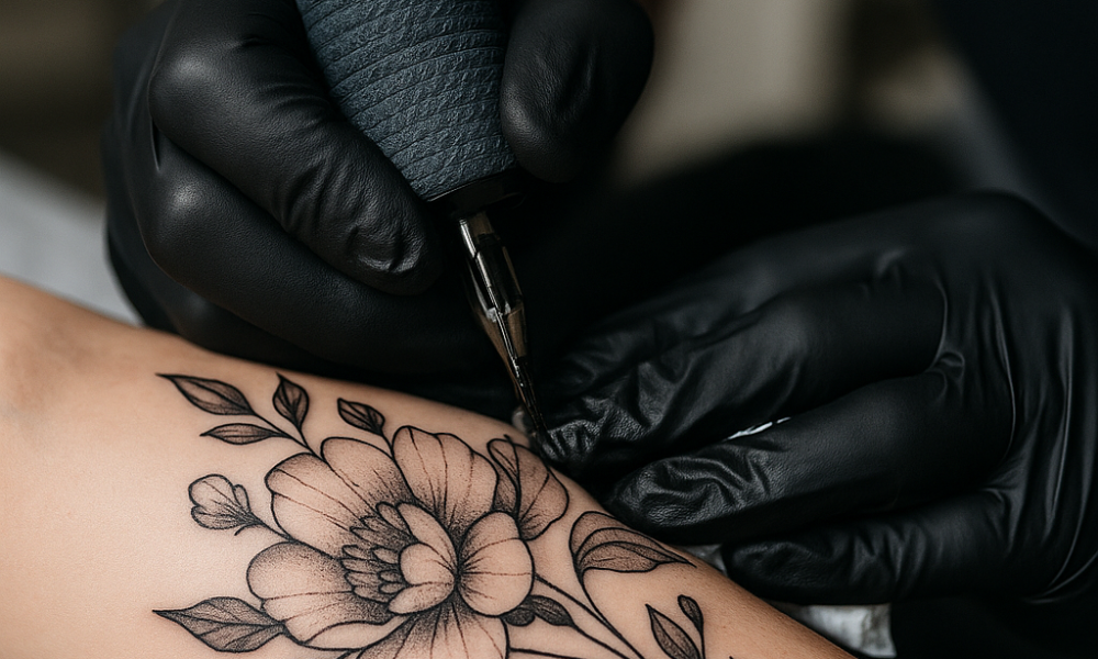 A tattoo artist working on a black and gray floral tattoo on a clients forearm during a professional studio session