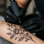 A tattoo artist working on a black and gray floral tattoo on a clients forearm during a professional studio session