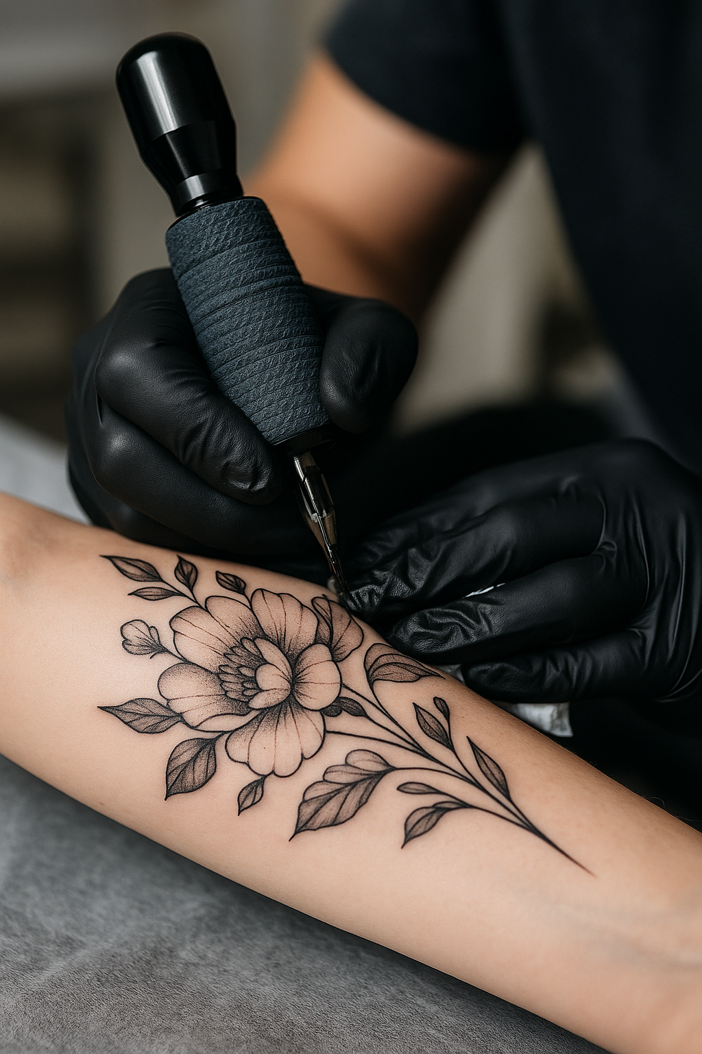 A tattoo artist working on a black and gray floral tattoo on a clients forearm during a professional studio session