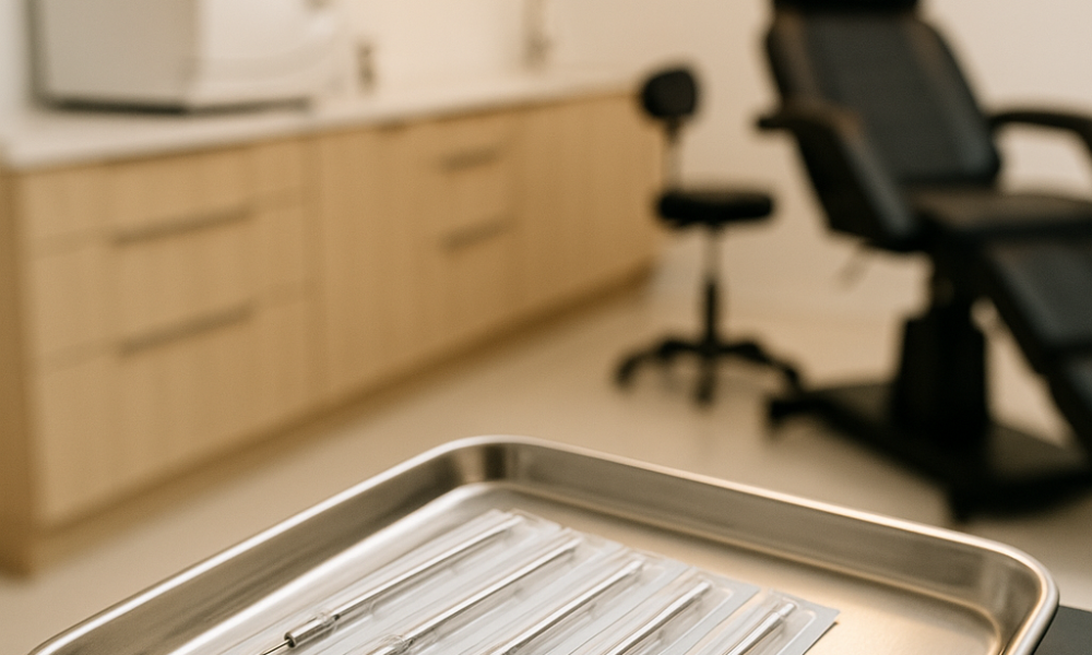 A licensed tattoo studio with sterilization equipment, single-use needles, and fresh ink caps on a stainless steel tray