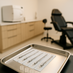 A licensed tattoo studio with sterilization equipment, single-use needles, and fresh ink caps on a stainless steel tray