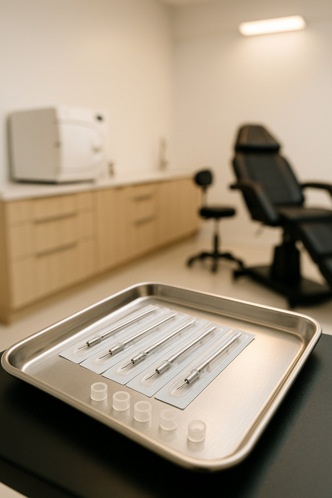 A licensed tattoo studio with sterilization equipment, single-use needles, and fresh ink caps on a stainless steel tray